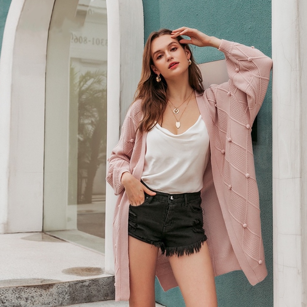 Pom Pom Detail Pink Open Cardigan - Picture 3 of 9